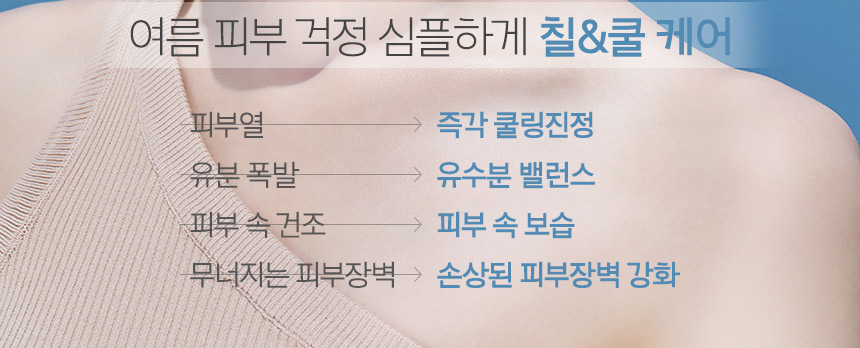여름 피부 걱정 심플하게 칠&쿨 케어, 피부열 : 즉각 쿨링진정, 유분 폭발 : 유수분 밸런스, 피부 속 건조 : 피부 속 보습, 무너지는 피부장벽 :손상된 피부장벽 강화