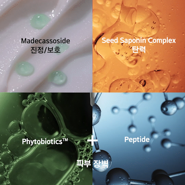 Madecassoside(진정/보호), Seed Saponin Complex(탄력), Phytobiotics™ + Peptide (피부 장벽)