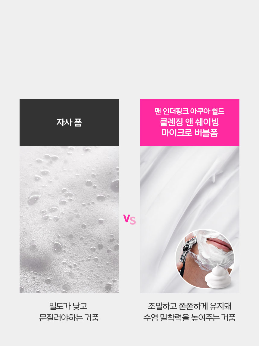 밀도가 낮고 문질러야 하는 거품의 자사 폼 vs 조밀하고 쫀쫀하게 유지돼 수염 밀착력을 높여주는 거품인 맨 인더핑크 아쿠아 쉴드 클렌징 앤 쉐이빙 마이크로 버블폼 비교 컷