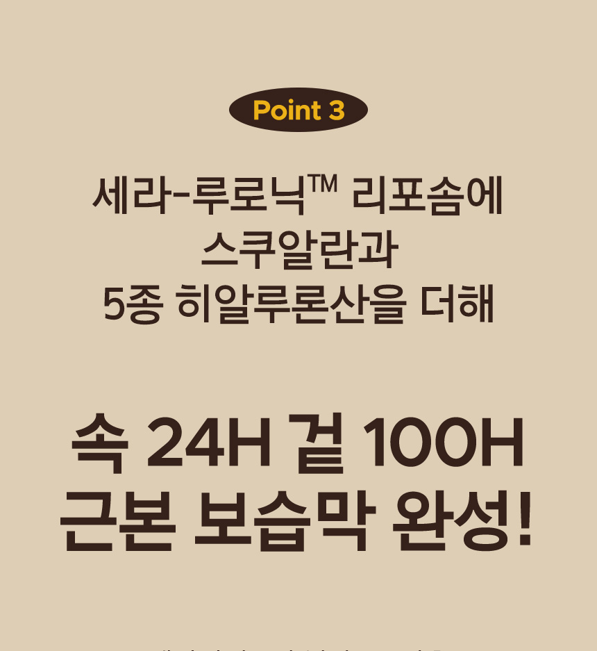 Point 3. 세라-루로닉™ 리포솜에 스쿠알란과 5종 히알루론산을 더해 속 24H 겉 100H 근본 보습막 완성!