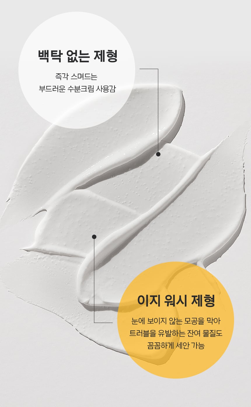 백탁 없는 제형/즉각 스며드는 부드러운 수분크림 사용감, 이지 워시 제형/눈에 보이지 않는 모공을 막아 트러블을 유발하는 잔여 물질도 꼼꼼하게 세안 가능