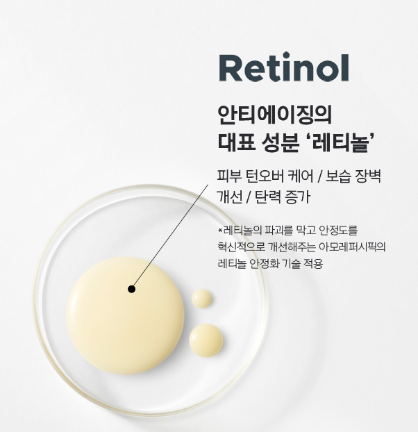 Retinol. 안티에이징의 대표 성분 ‘레티놀’. 피부 턴오버 케어 / 보습 장벽 개선 / 탄력 증가. *레티놀의 파괴를 막고 안정도를 혁신적으로 개선해주는 아모레퍼시픽의 레티놀 안정화 기술 적용