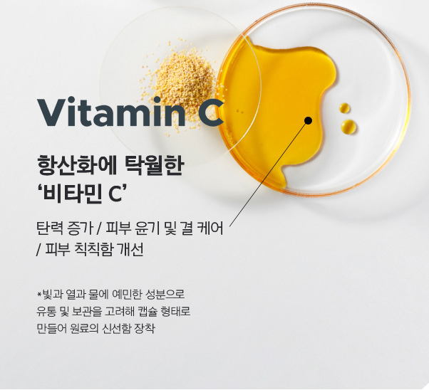 Vitamin C. 항산화에 탁월한 ‘비타민 C’. 탄력 증가 / 피부 윤기 및 결 케어 / 피부 칙칙함 개선. *빛과 열과 물에 예민한 성분으로 유통 및 보관을 고려해 캡슐 형태로 만들어 원료의 신선함 장착