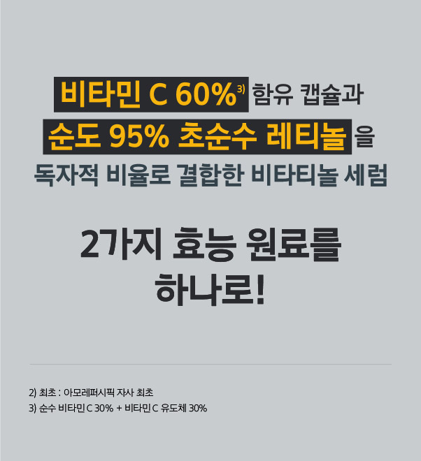 비타민 C 60%³⁾ 함유 캡슐과 순도 95% 초순수 레티놀을 독자적 비율로 결합한 비타티놀 세럼. 2가지 효능 원료를 하나로! 2) 최초 : 아모레퍼시픽 자사 최초. 3) 순수 비타민 C 30% + 비타민 C 유도체 30%