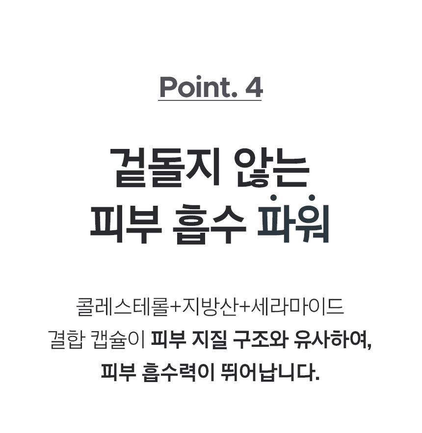 Point. 4 겉돌지 않는 피부 흡수 파워 콜레스테롤+지방산+세라마이드 결합 캡슐이 피부 지질 구조와 유사하여, 피부 흡수력이 뛰어납니다.